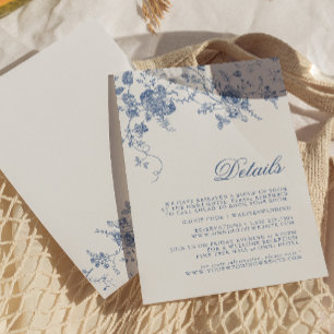 Elegante tarjeta de detalles de jouy azul de flore