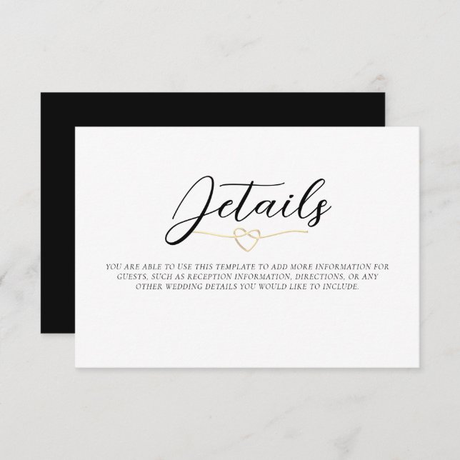 Elegante tarjeta de detalles del Boda blanco negro (Anverso / Reverso)
