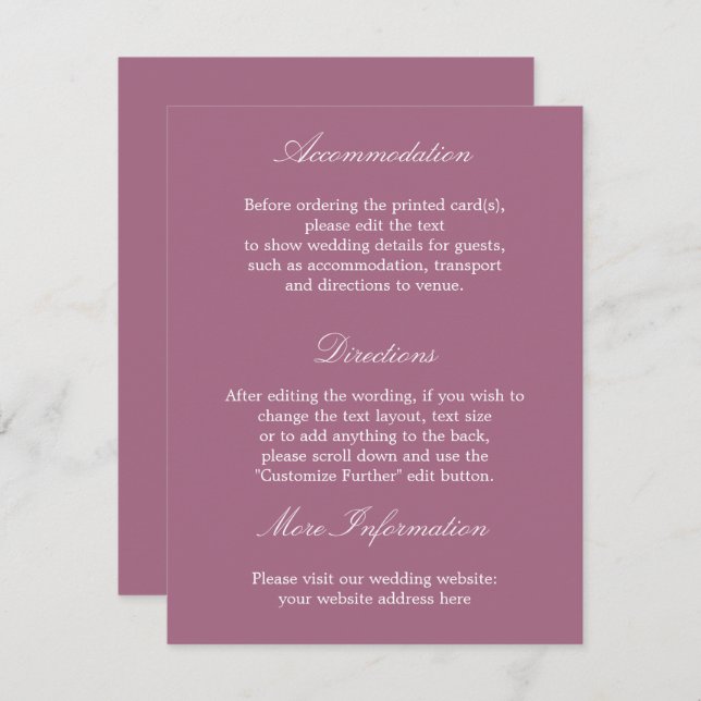 Elegante tarjeta de detalles del Boda de malva (Anverso / Reverso)