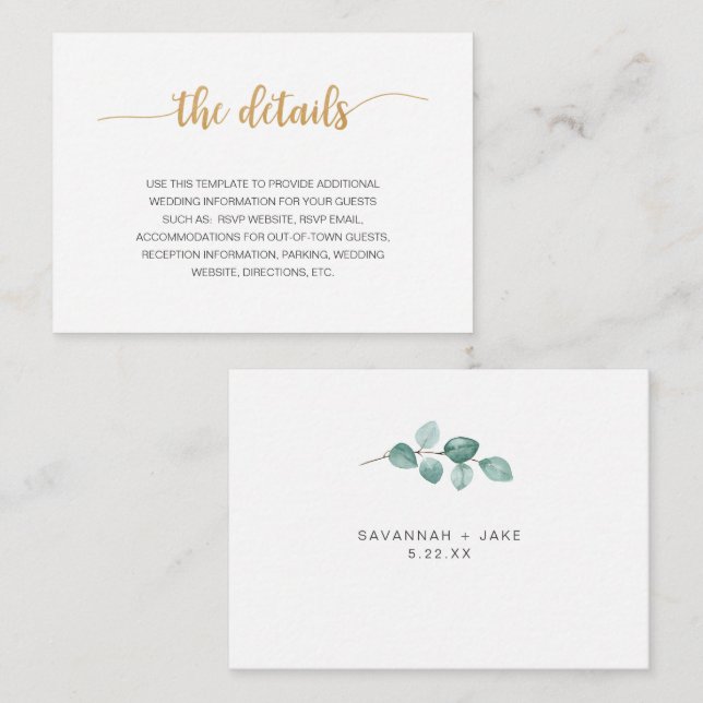 Elegante tarjeta de detalles del boda Eucalyptus G (Anverso / Reverso)