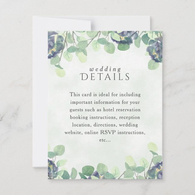 Elegante tarjeta de detalles del Boda floral azul  (Anverso)