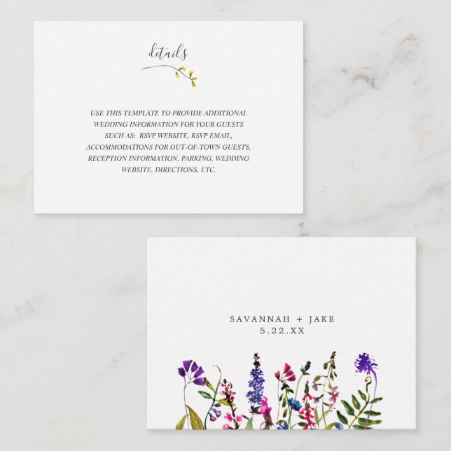Elegante tarjeta de detalles del boda Wildflower (Anverso / Reverso)