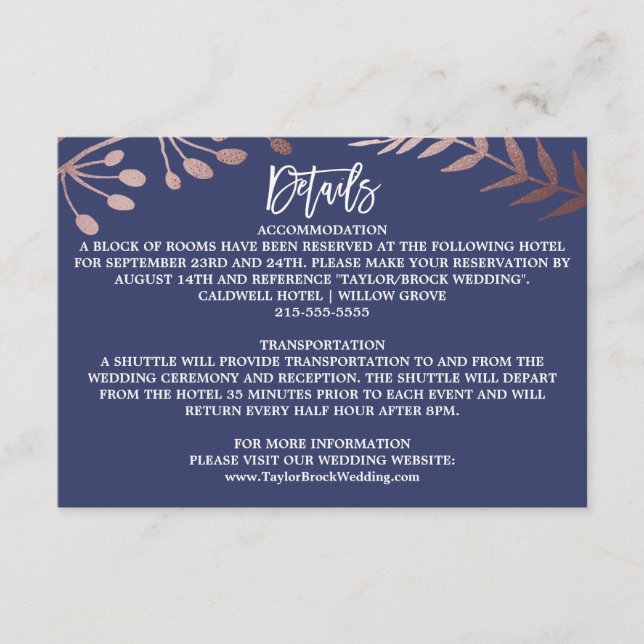 Elegante tarjeta de detalles Rosa de oro y Boda de (Anverso)