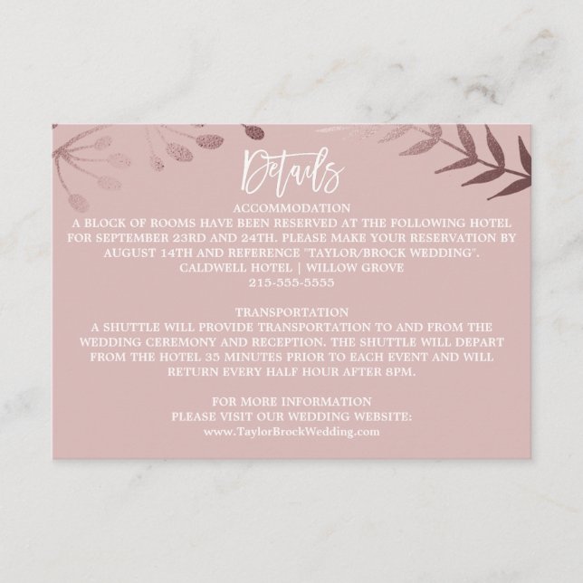 Elegante tarjeta de detalles Rosa de oro y Boda ro (Anverso)