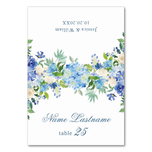 Elegante Tarjeta de Escort Boda Hidrangea Azul (Anverso)
