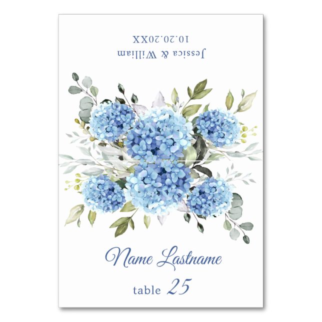 Elegante Tarjeta de Escort Boda Hidrangea Azul (Anverso)