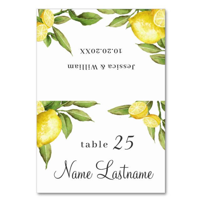 Elegante Tarjeta de Escort Boda Lemons Greenery (Anverso)
