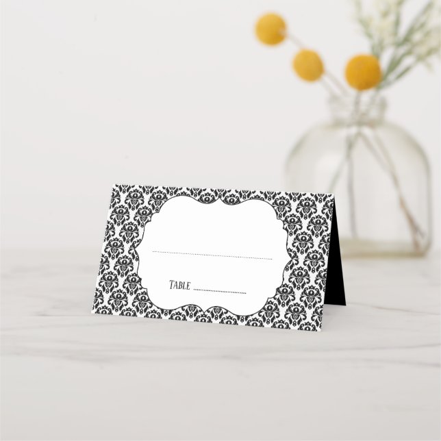 Elegante Tarjeta de Escort de Boda de Damasco Blan (Anverso)