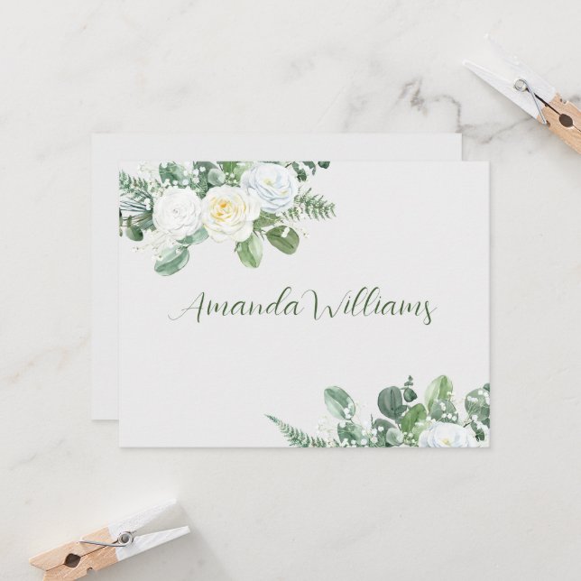 Elegante Tarjeta de Escort de Rosas Blancas y Verd (Anverso/Reverso In Situ)