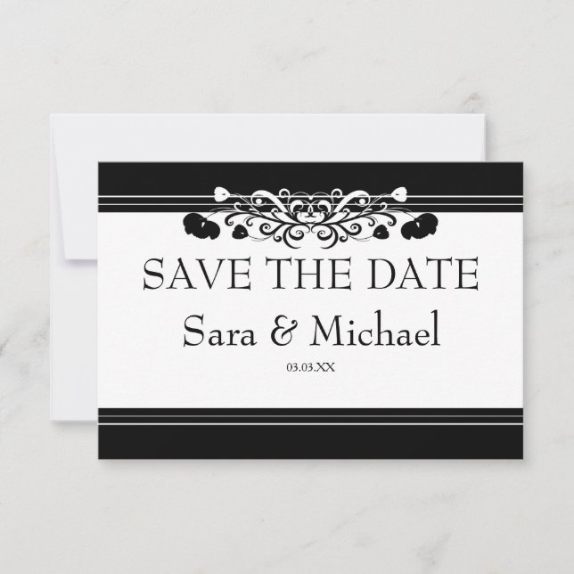 Elegante tarjeta de fecha en blanco y negro (Anverso)
