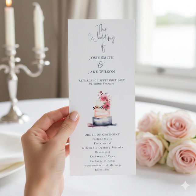 Elegante tarjeta de Fiesta de boda con pastel de a (Watercolor pastel wedding cake wedding program.)