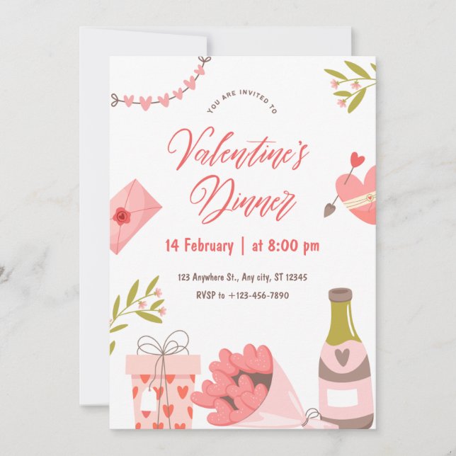 Elegante tarjeta de Fiesta de cena de San Valentín (Anverso)