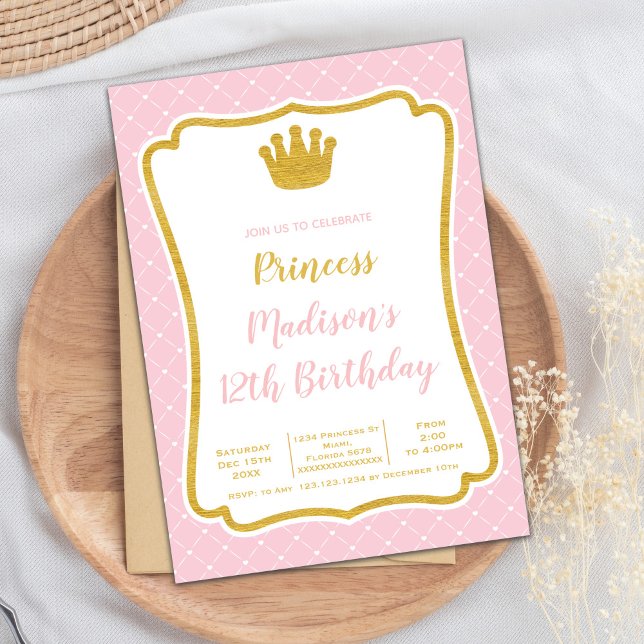 Elegante tarjeta de Fiesta de marco real para Chic (Pink Fram Crown Princess Cards)