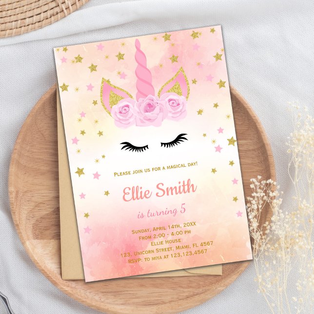 Elegante tarjeta de Fiesta mágica Chica con diseño (Rose Pink Unicorn Birthday Invitations)