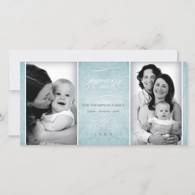 Elegante tarjeta de foto azul "Joyeux Noël" (Anverso)