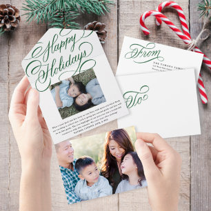 Elegante tarjeta de foto de Green Script Happy Hol