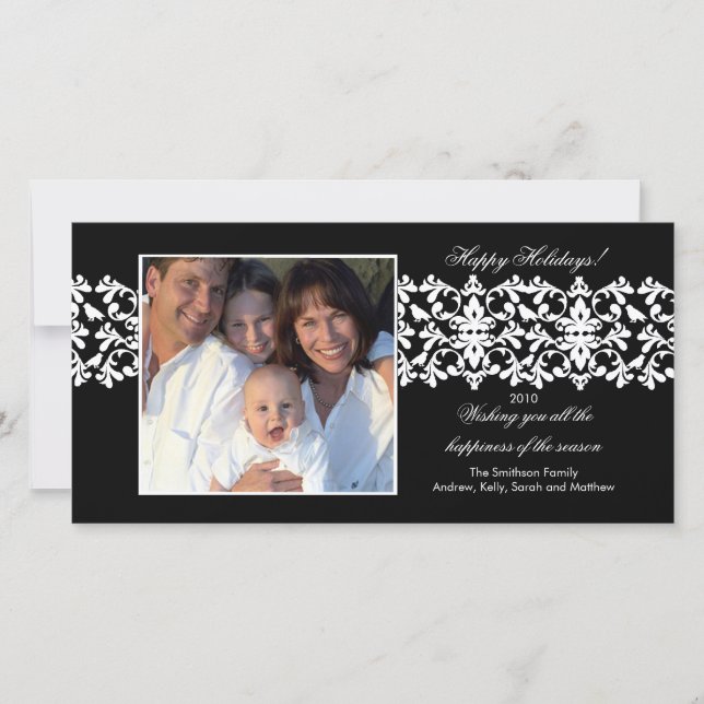 Elegante tarjeta de foto de Navidad Black Damask L (Anverso)