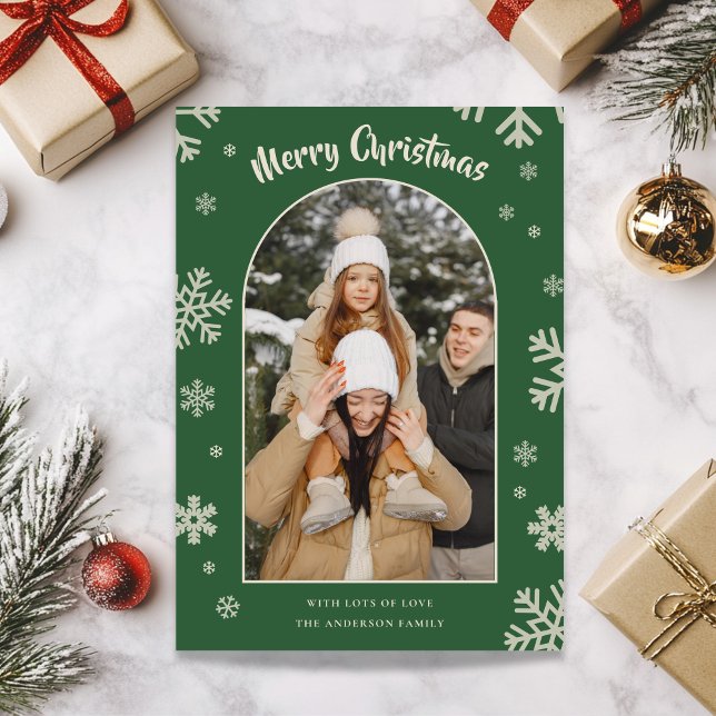Elegante tarjeta de foto de Navidad con copos de n (Elegant Green Snowflake Christmas Photo Card)