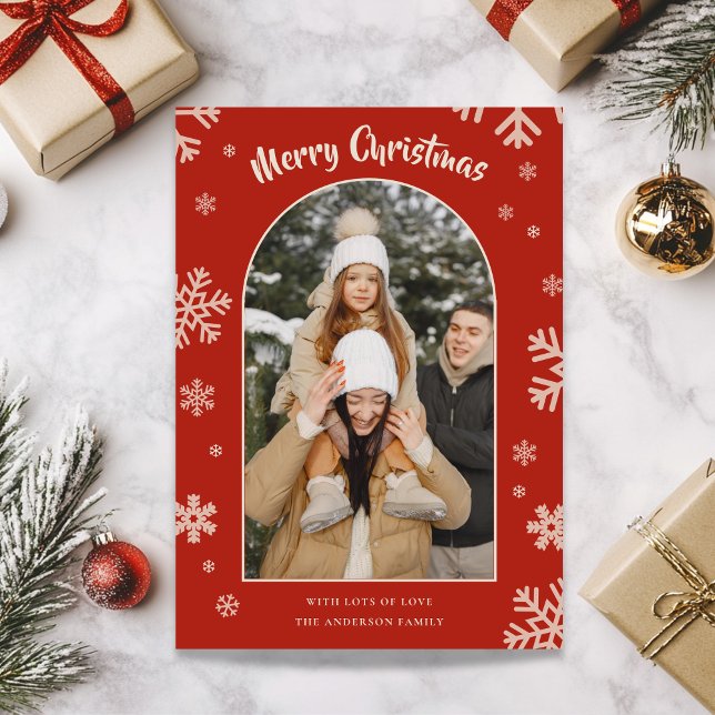 Elegante tarjeta de foto de Navidad con copos de n (Elegant Red Snowflake Christmas Photo Card)