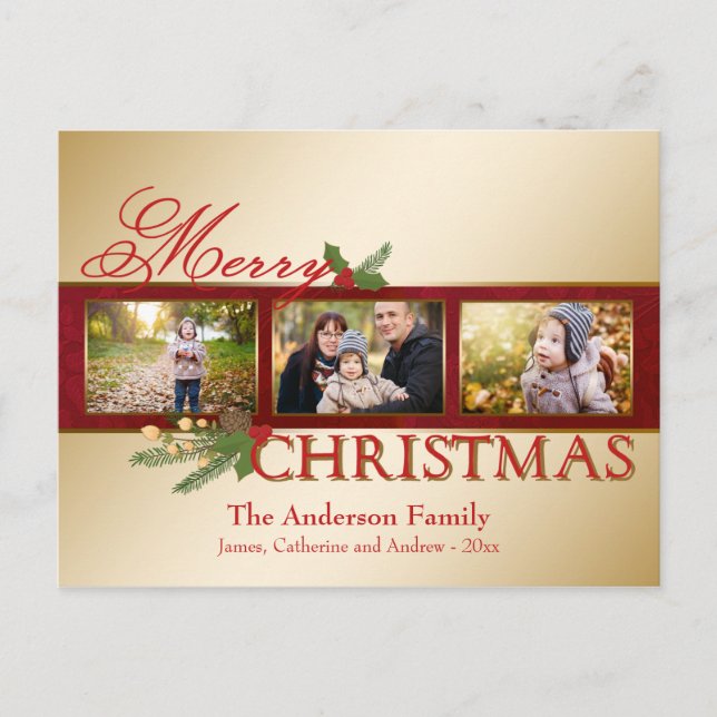 Elegante tarjeta de foto de navidad de oro brillan (Anverso)