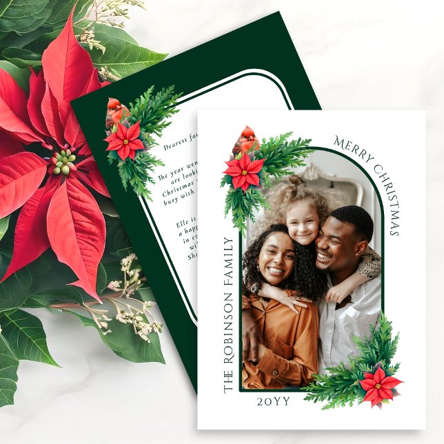 Elegante tarjeta de foto navideña con mensaje al r (Elegant Christmas holiday photo card front and back view, with red cardinal and poinsettia.)