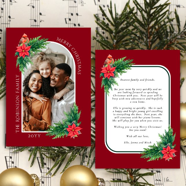Elegante tarjeta de foto navideña con mensaje al r (Cheerful Arch, Cardinal and Holiday Greenery holiday photo card with message on back)