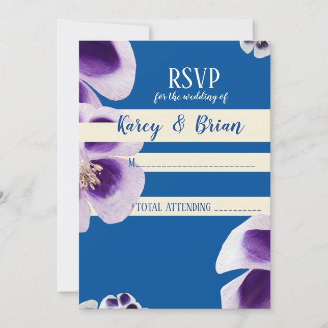 Elegante tarjeta de foto RSVP floral azul, guión (Anverso)