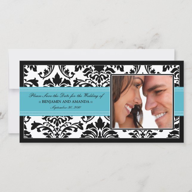 Elegante tarjeta de fotos de Damask Save-the-Date: (Anverso)