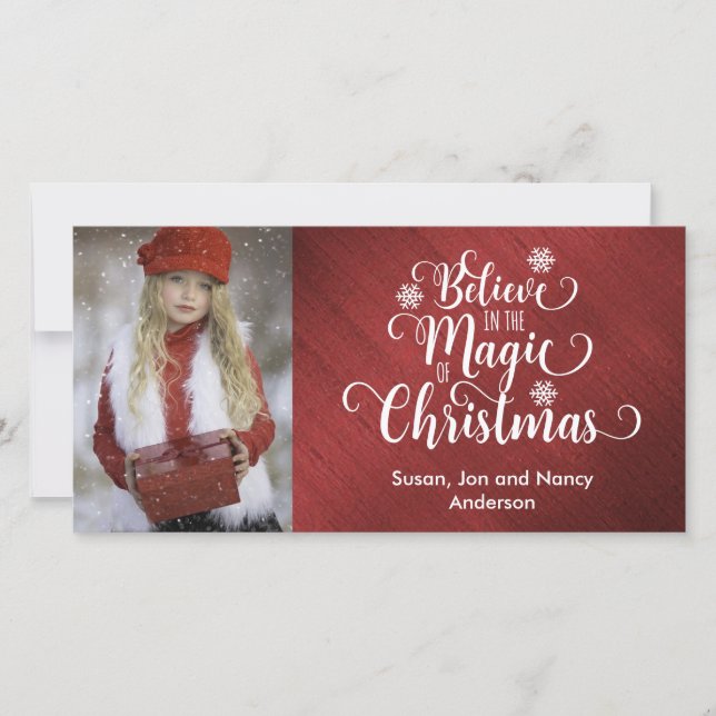 Elegante tarjeta de fotos de Navidad roja y blanca (Anverso)