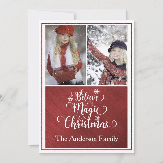 Elegante tarjeta de fotos de Navidad roja y blanca (Anverso)