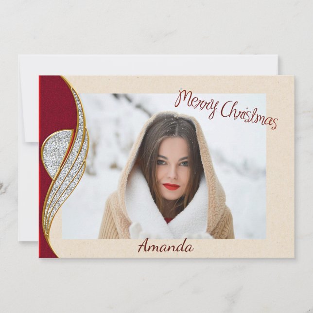 Elegante tarjeta de fotos de Navidad roja y dorada (Anverso)