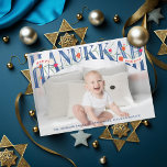 Elegante tarjeta de fotos Happy Hanukkah con letra<br><div class="desc">Elegante serbio con letras a mano "hanukkah" con granadas y flores con "Happy" y "with love" en cintas. Gráfico original de Becky Nimoy. Foto cortesía de unsplash</div>