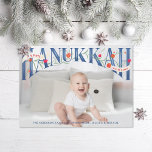Elegante tarjeta de fotos Happy Hanukkah con letra<br><div class="desc">Elegante serbio con letras a mano "hanukkah" con granadas y flores con "Happy" y "with love" en cintas. Gráfico original de Becky Nimoy. Foto cortesía de unsplash</div>