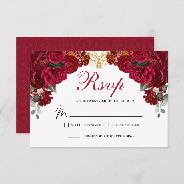 Elegante Tarjeta de Gabinete de Floral Rojo RSVP (Anverso / Reverso)