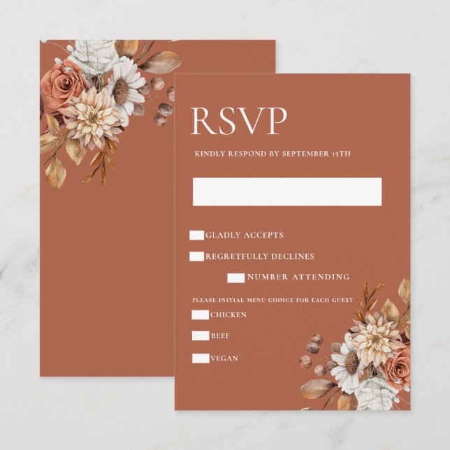 Elegante tarjeta de gabinete floral RSVP de otoño (Anverso / Reverso)
