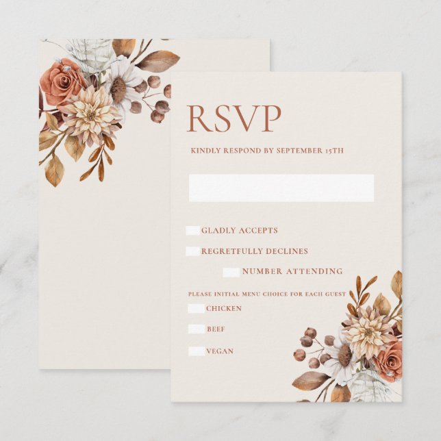 Elegante tarjeta de gabinete floral RSVP de otoño (Anverso / Reverso)