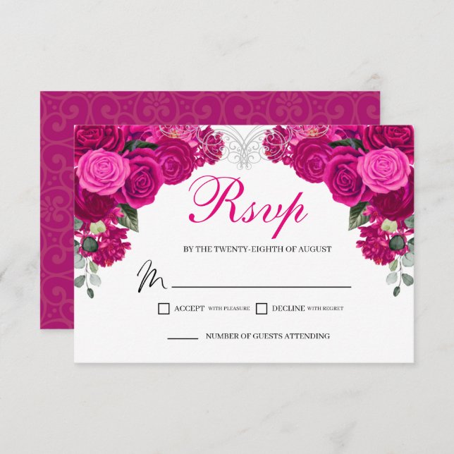 Elegante Tarjeta de gabinete Fuchsia Silver Floral (Anverso / Reverso)