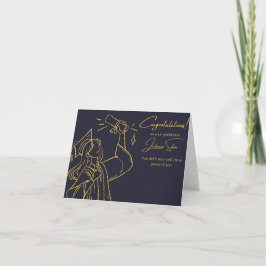 Elegante tarjeta de graduación azul y oro