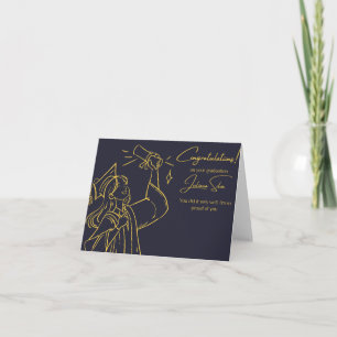 Elegante tarjeta de graduación azul y oro