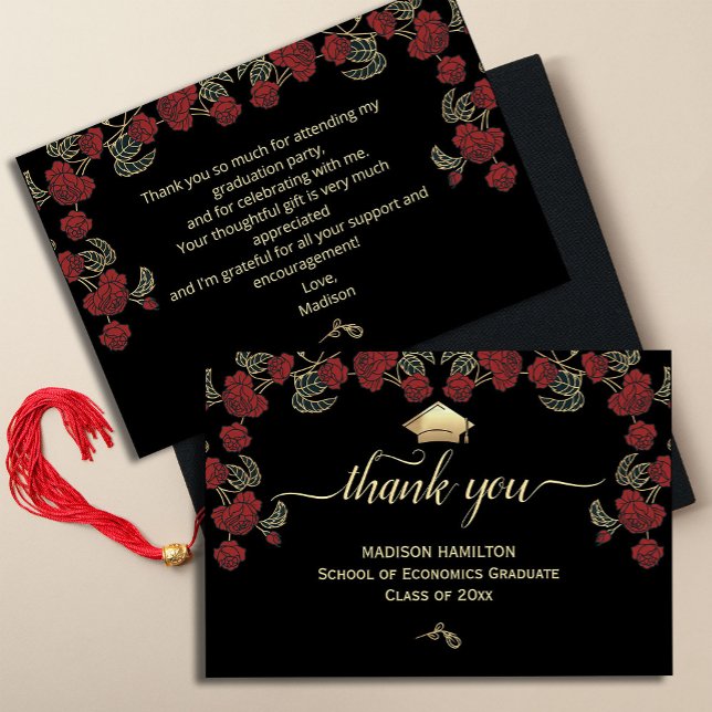 Elegante tarjeta de graduación de oro rojo ("Make every 'thank you' a work of art! Our gorgeous graduation thank you cards feature a stunning)