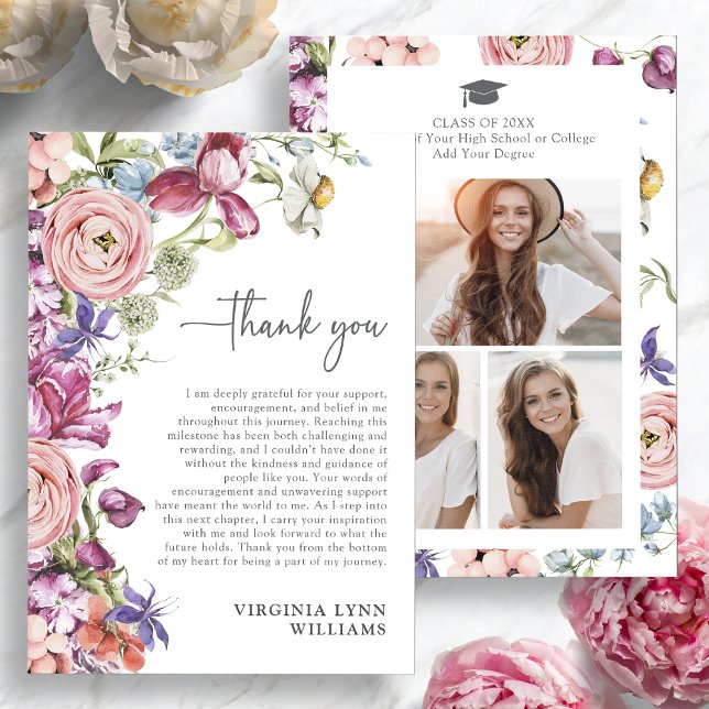 Elegante Tarjeta de Graduación Floral (Elegant Floral Watercolor Graduation Photo Thank You Card by Painted Paperie
)