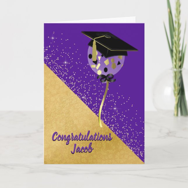 Elegante tarjeta de graduación morada y dorada (Anverso)
