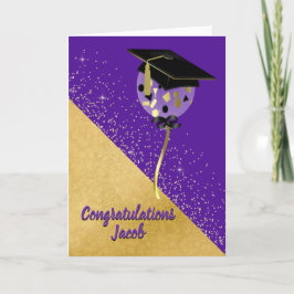 Elegante tarjeta de graduación morada y dorada