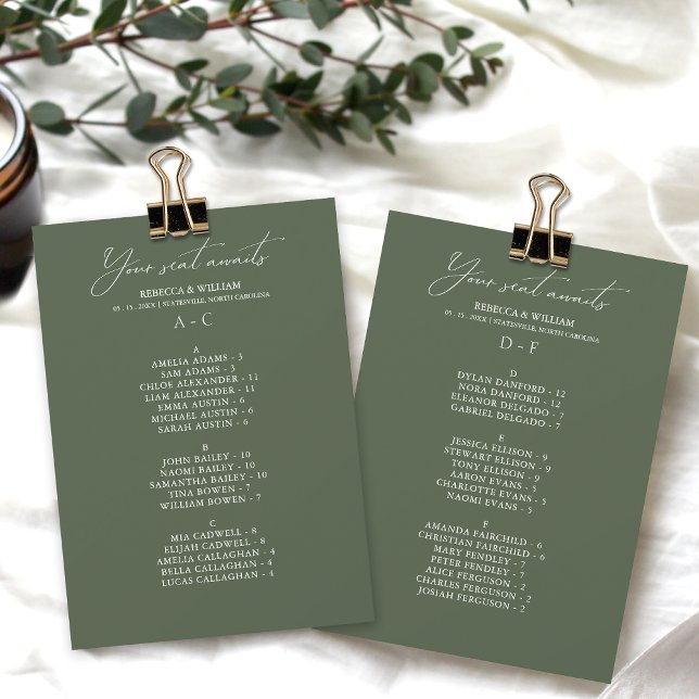 Elegante Tarjeta de gráfico alfabético Boda (Convenient and organized wedding seating chart with alphabetical name arrangement.)