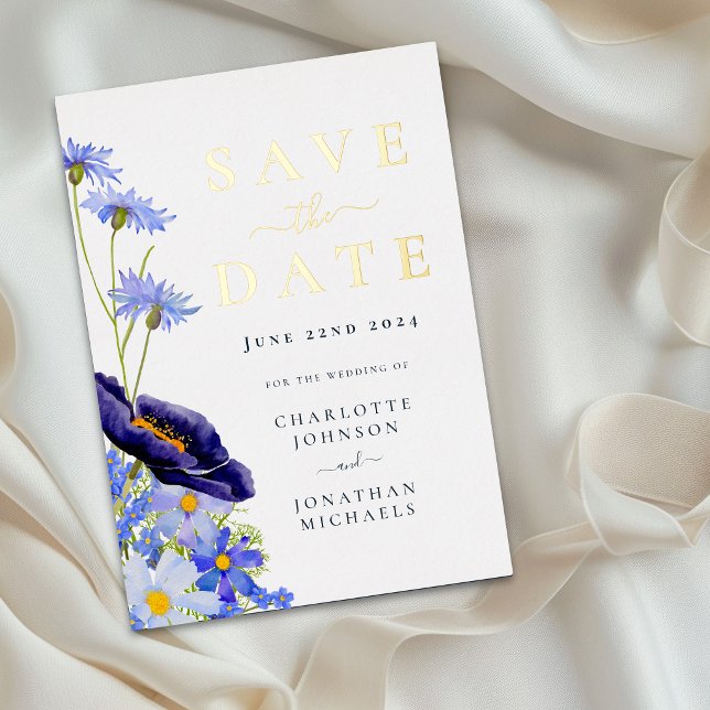 Elegante tarjeta de guardar la fecha de boda de fl (Elegant wildflower blue watercolor floral wedding save the date gold foil card)
