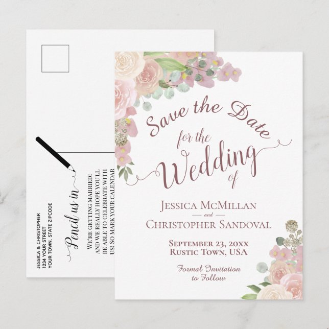 Elegante tarjeta de guardar la fecha de boda flora (Anverso / Reverso)