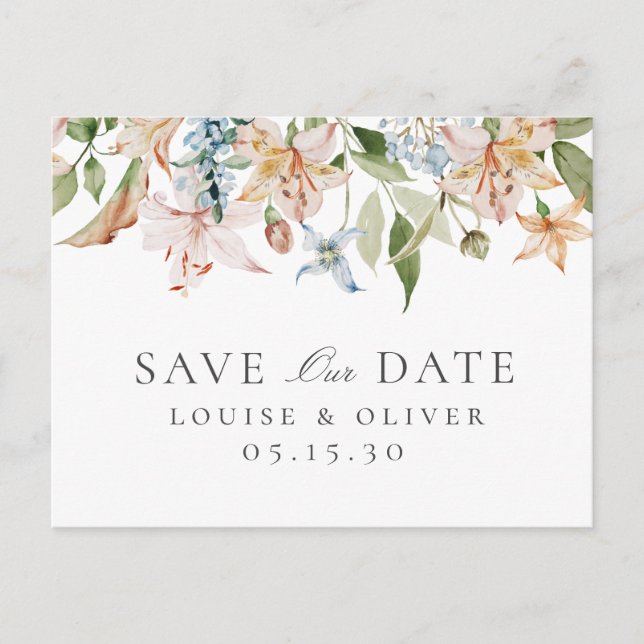 Elegante tarjeta de guardar la fecha de boda flora (Anverso)