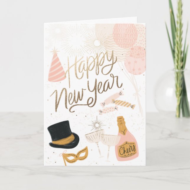 Elegante tarjeta de iconos festivos Happy New Year (Anverso)