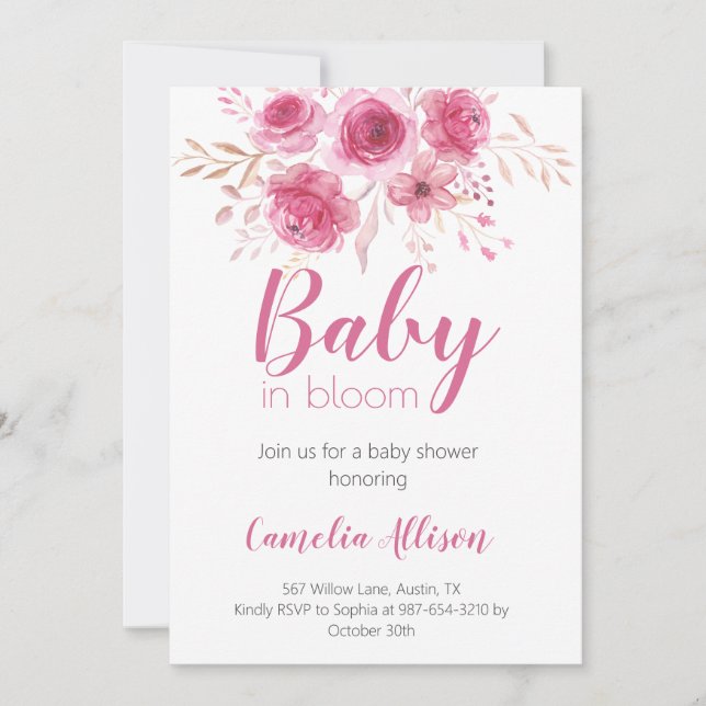 Elegante tarjeta de invitación a Baby Shower con f (Anverso)