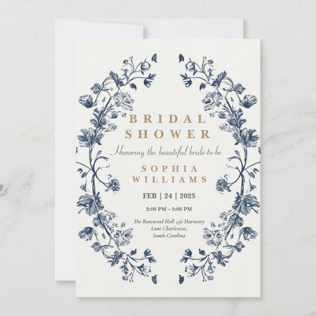 Elegante tarjeta de invitación a la boda Blue Flor (Anverso)